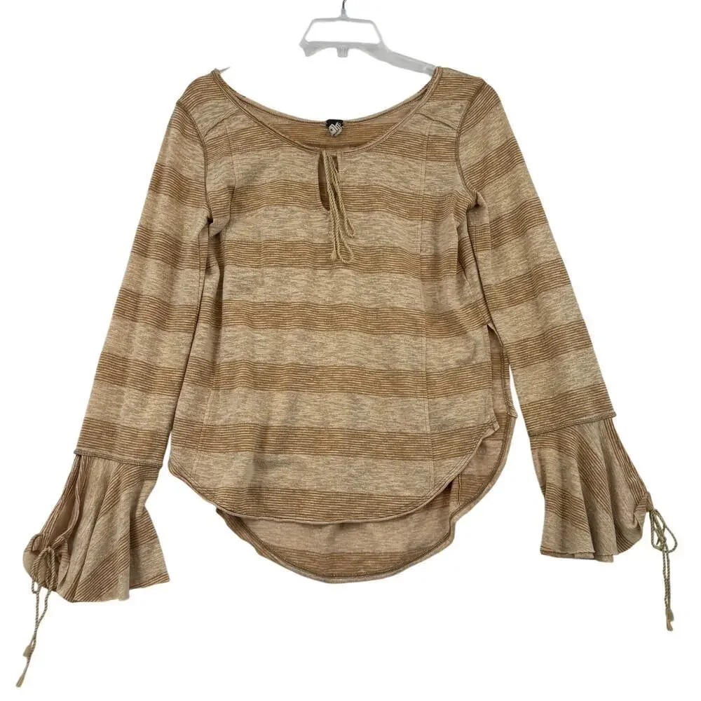 Free‎ People Blouse Size XS Tan Stripe Flare Sleeve Stretch Knit Oversized Boho